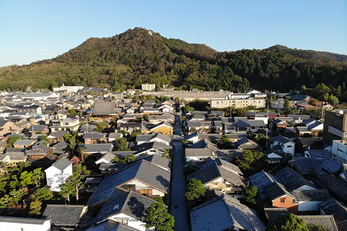 八幡山城下に広がる碁盤の目の町並みの写真